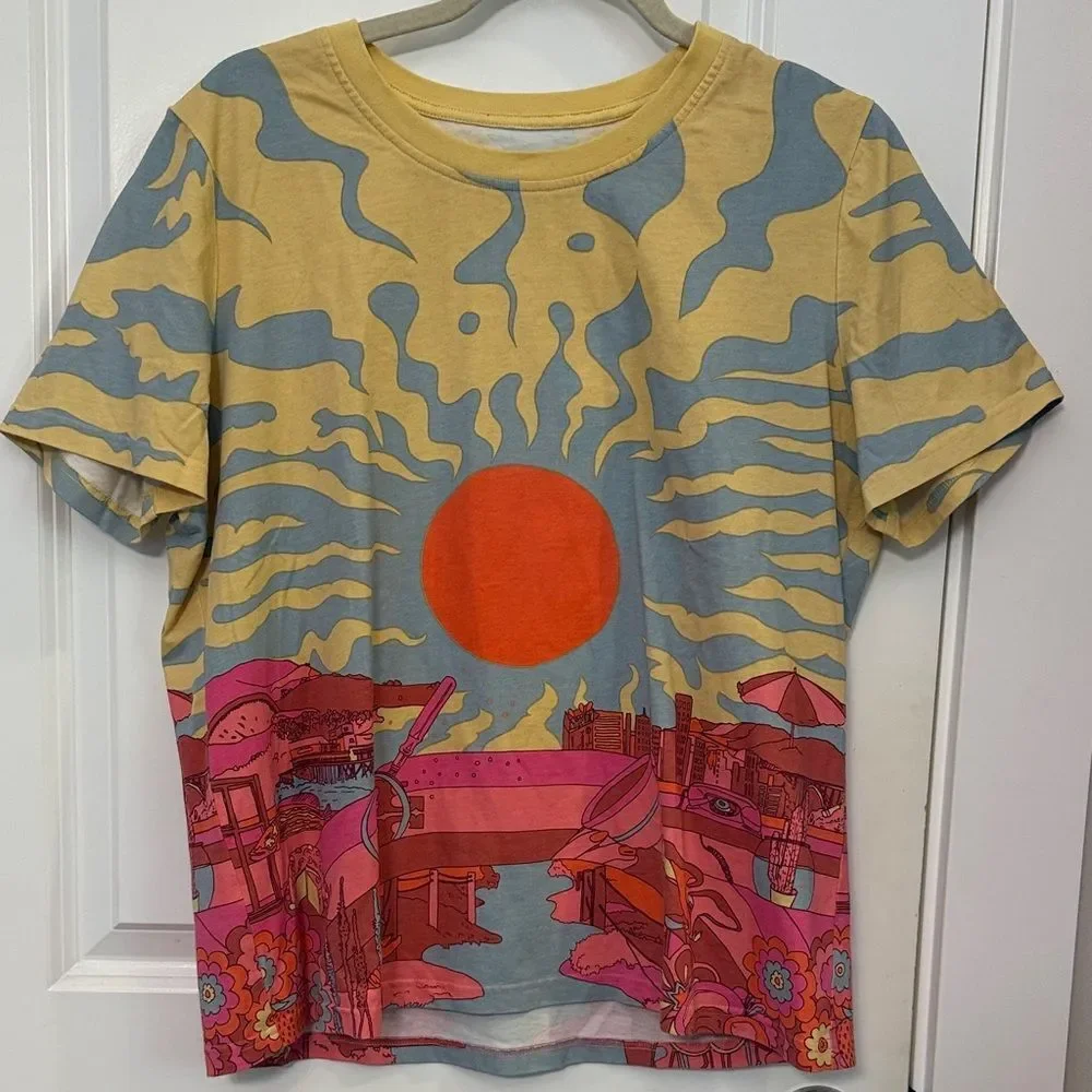 TORY BURCH TEE 100% COTTON GRAPHIC VIBRANT COLORFUL COASTAL HIPPIE OCEAN SUN XL